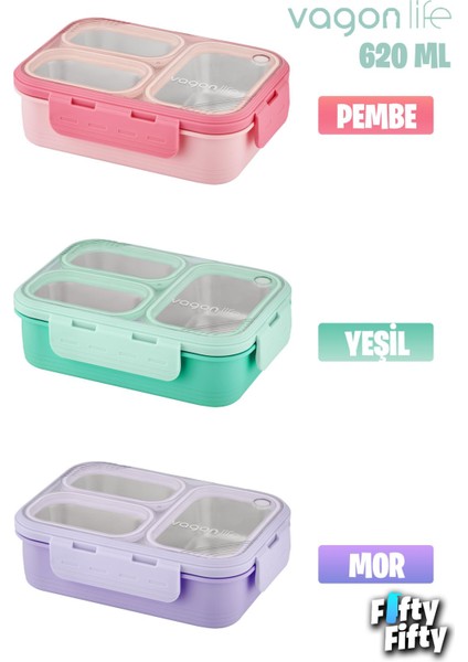 Lunch Box 620 ml Tek Kat Üç Bölmeli Metal Kaşıklı Yeni Nesil Sefer TASI-FFLBOX7097