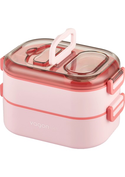 1000 ml Iki Kat Üç Bölme Paslanmaz Çelik Bento Lunch Box Yeni Nesil Sefer Tası-Sos Kaseli MODEL-FFLBOX7081