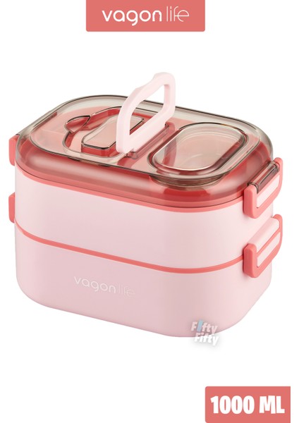 1000 ml Iki Kat Üç Bölme Paslanmaz Çelik Bento Lunch Box Yeni Nesil Sefer Tası-Sos Kaseli MODEL-FFLBOX7081