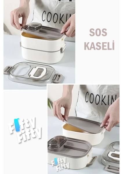 1000 ml Iki Kat Üç Bölme Paslanmaz Çelik Bento Lunch Box Yeni Nesil Sefer Tası-Sos Kaseli MODEL-FFLBOX7081