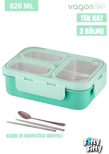 Lunch Box 620 ml Tek Kat Üç Bölmeli Metal Kaşıklı Yeni Nesil Sefer TASI-FFLBOX7097