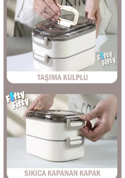 1000 ml Iki Kat Üç Bölme Paslanmaz Çelik Bento Lunch Box Yeni Nesil Sefer Tası-Sos Kaseli MODEL-FFLBOX7081