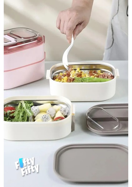 1000 ml Iki Kat Üç Bölme Paslanmaz Çelik Bento Lunch Box Yeni Nesil Sefer Tası-Sos Kaseli MODEL-FFLBOX7081