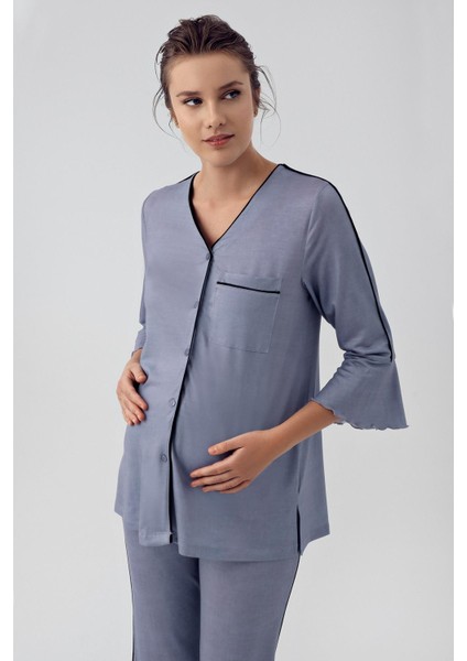 Düğmeli Uzun Kollu Kısa Esnek Viskon Hamile Pijama Takımı 16207 modelleri