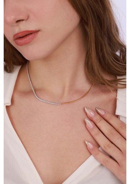 Yarısı Suyolu Yarısı Gurmet Zincir Çift Renkli Choker Gümüş Kolye fırsatları
