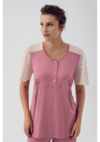 Dantelli Düğmeli Kısa Kollu Esnek Viskon Hamile Pijama Takımı 16206 modelleri