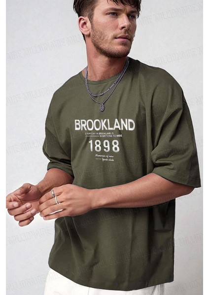 Erkek 1898 Baskılı Haki Oversize Salas T-Shirt