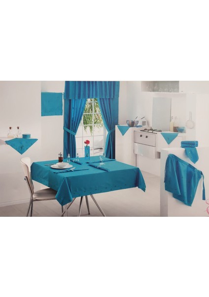 Nakışlı Pamuk Saten Mutfak Seti Mavi 8696474231658