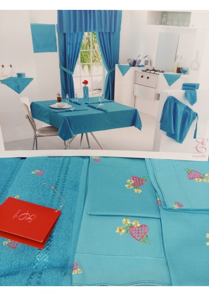 Nakışlı Pamuk Saten Mutfak Seti Mavi 8696474231658 fiyatları