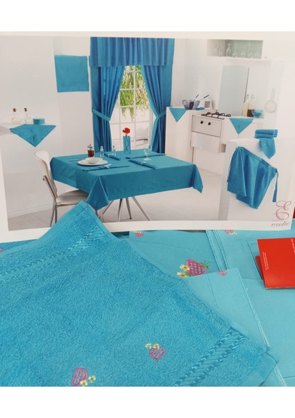 Nakışlı Pamuk Saten Mutfak Seti Mavi 8696474231658 modelleri