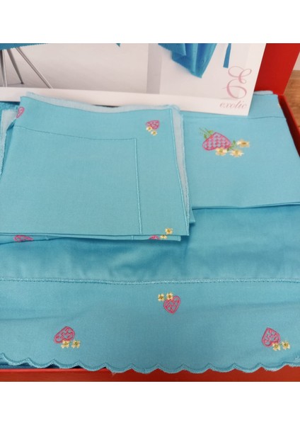 Nakışlı Pamuk Saten Mutfak Seti Mavi 8696474231658 fırsatları