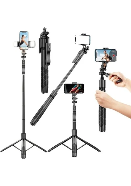 Uzaktan Kumandalı Çok Amaçlı Tripod ve Selfie Çubuğu 153 cm Telefon, Kamera, Işık ve Gopro Uyumlu Anroid Ios Uyumlu