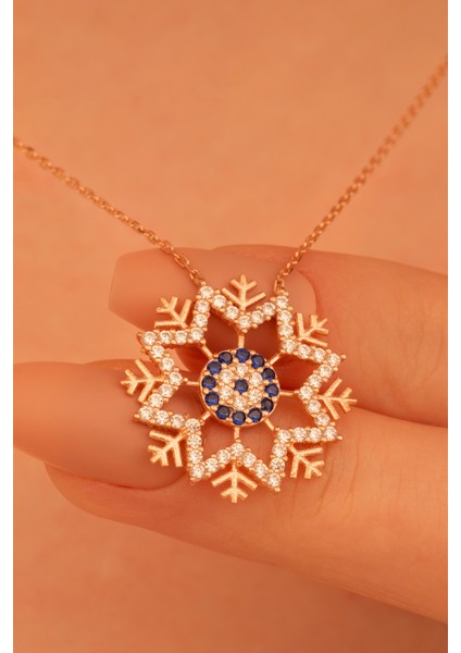 Zirkon Taşlı Nazarlıklı Kar Tanesi Model Kadın Gümüş Kolye Gklkrtnsım1-Ros