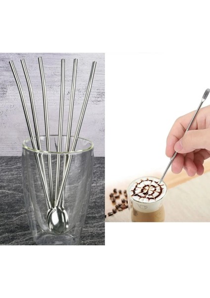 Latte Art Kalemi ve Pipetli Latte Kaşığı Seti 6lı Pipetli Kokteyl Bar Kaşığı ve Temizleme Fırçası