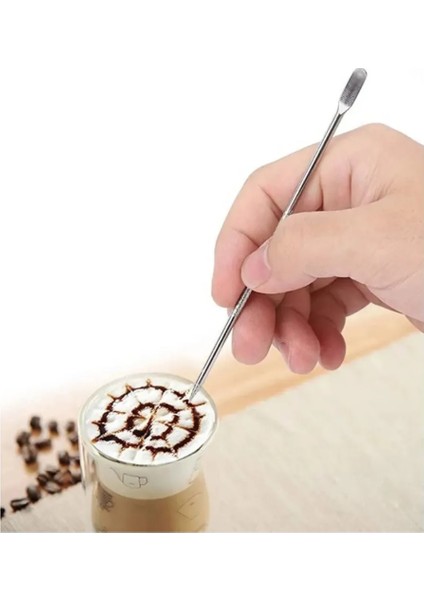 Latte Art Kalemi ve Pipetli Latte Kaşığı Seti 6lı Pipetli Kokteyl Bar Kaşığı ve Temizleme Fırçası