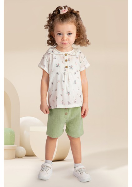 Minik Çiçek Desenli Kız Bebek Müslin takım - Yeşil