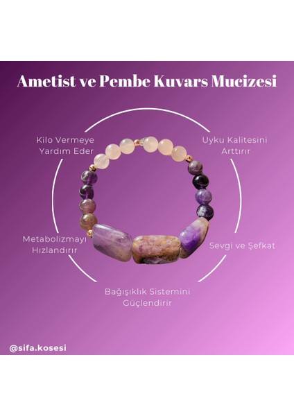 Ametist ve Pembe Kuvars Orjinal Doğal Taş Kadın Bileklik / Sevgi, Aşk, Pozitif Enerji Bilekliği fırsatları