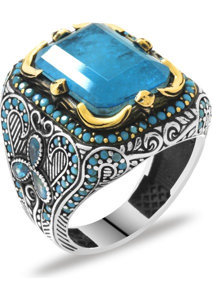 Aqua Paraiba Taşlı Dikdörtgen Tasarım 925 Ayar Gümüş Erkek Yüzük modelleri