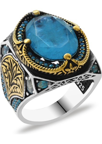 Aqua Paraiba Taşlı Kenarları Kalem Işçilik Detaylı 925 Ayar Gümüş Erkek Yüzük modelleri