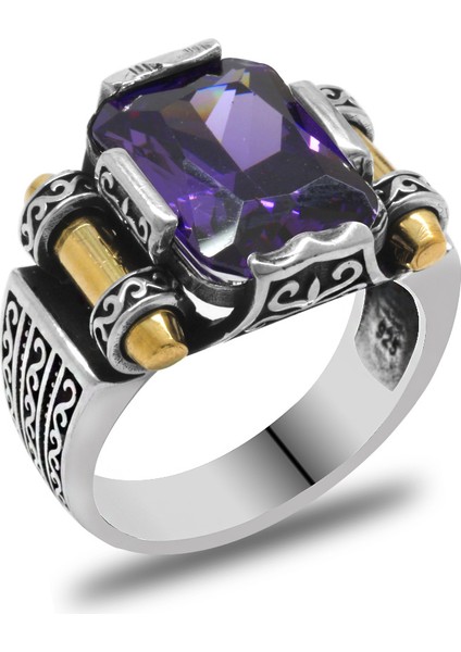 Mor Baget Taşlı Avangarde Tasarım 925 Ayar Gümüş Şah Cihan Yüzüğü modelleri