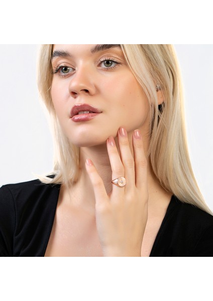 Zirkon Taşlı Papatya Tasarım Rose Renk Free Size 925 Ayar Gümüş Kadın Tektaş Yüzük