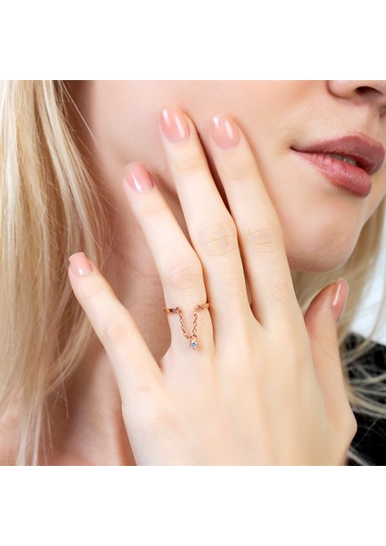 Zirkon Taşlı Zincirli Rose Renk Free Size 925 Ayar Gümüş Kadın Tektaş Yüzük