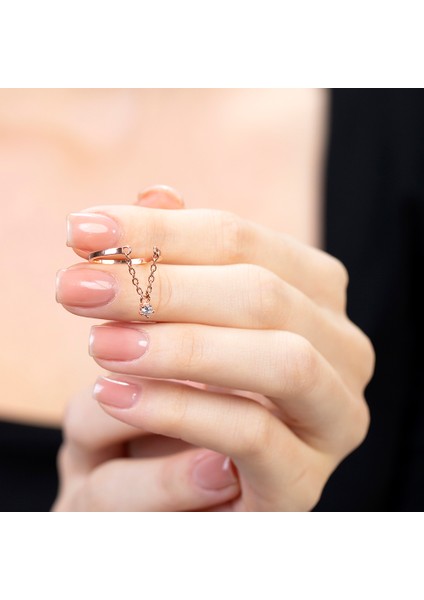 Zirkon Taşlı Zincirli Rose Renk Free Size 925 Ayar Gümüş Kadın Tektaş Yüzük fırsatları