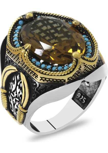 Faset Zultanit Taşlı Yanları Firuze Taş Mıhlamalı Kılıç Temalı 925 Ayar Gümüş Erkek Yüzük