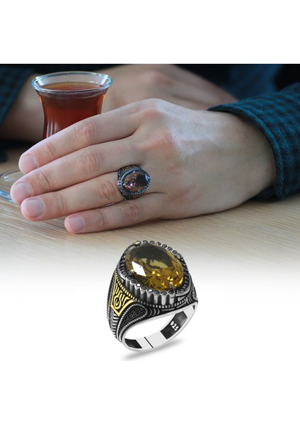 Faset Zultanit Taşlı Yanları Mikro Taş Mıhlamalı Dikit Detaylı 925 Ayar Gümüş Erkek Yüzük fiyatları