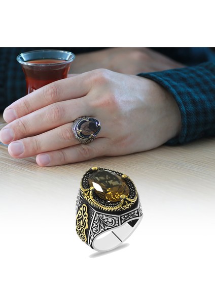 Faset Kesim Zultanit Taşlı Yanları Gotik Süslemeli 925 Ayar Gümüş Erkek Yüzük fiyatları