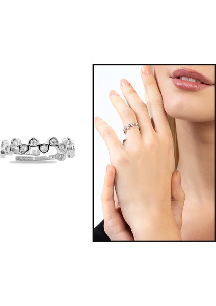 Zirkon Taşlı Taç Tasarım Silver Renk Free Size 925 Ayar Gümüş Kadın Yüzük