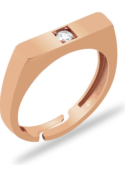 Beyaz Zirkon Taşlı Modern Tasarım Rose Renk Free Size 925 Ayar Gümüş Kadın Tektaş Yüzük