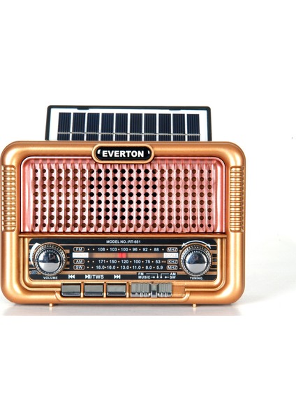 RT-651 Hem Solar Hem Şarjlı Nostaljik Fm Radyo - Bluetooth Hoparlör - Değiştirilebilir Batarya Özelliği - Güneş Enerjili Radyo