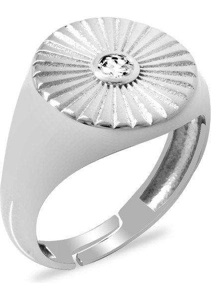 Zirkon Taşlı Papatya Tasarım Silver Renk Free Size 925 Ayar Gümüş Kadın Tektaş Yüzük