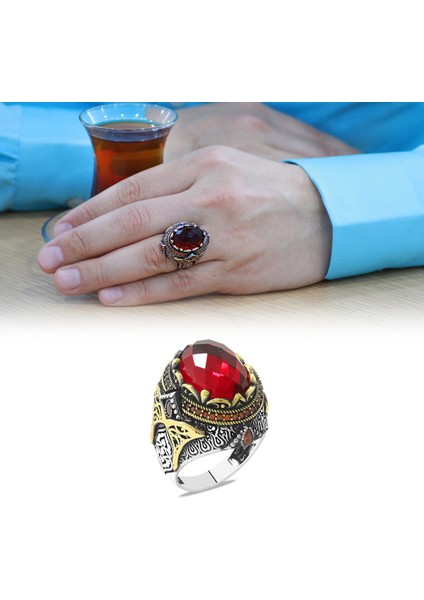 Faset Kesim Kırmızı Zirkon Taşlı Oval Tasarım 925 Ayar Gümüş Erkek Yüzük