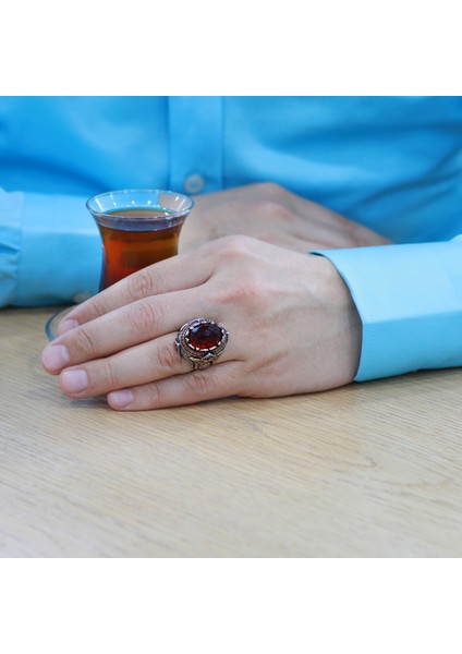Faset Kesim Kırmızı Zirkon Taşlı Oval Tasarım 925 Ayar Gümüş Erkek Yüzük modelleri