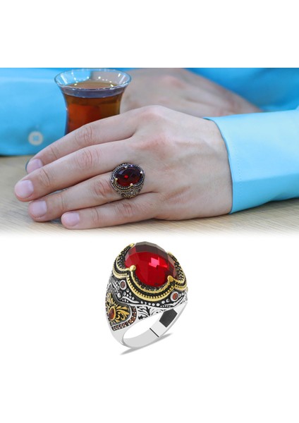 Faset Kırmızı Zirkon Taşlı Kral Tacı Tasarım 925 Ayar Gümüş Erkek Yüzük