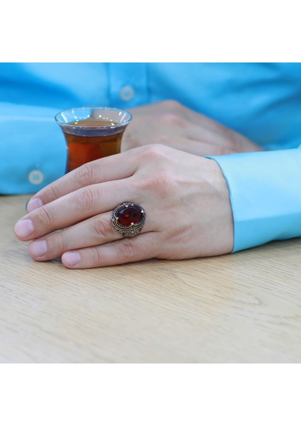 Faset Kırmızı Zirkon Taşlı Kral Tacı Tasarım 925 Ayar Gümüş Erkek Yüzük modelleri
