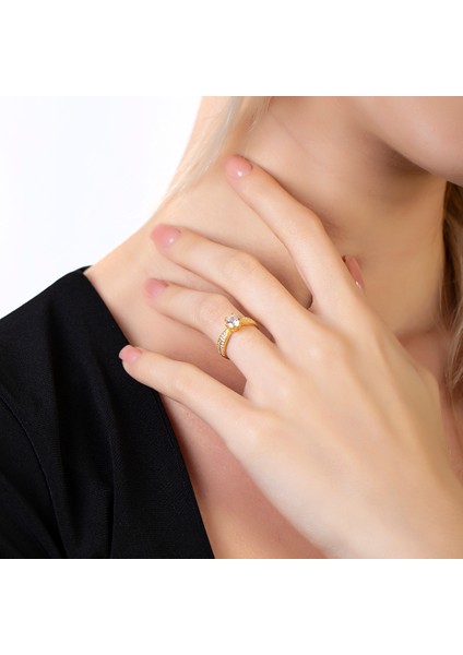 Mikro Zirkon Taş Süslemeli Gold Renk Free Size 925 Ayar Gümüş Kadın Tektaş Yüzük fırsatları