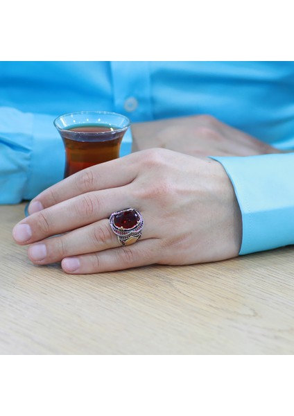 Faset Kırmızı Zirkon Taşlı Oval Tasarım Kişiye Özel Isim Harf Yazılı 925 Ayar Gümüş Erkek Yüzük fırsatları