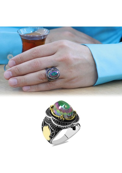 Faset Mistik Topaz Taşlı Oval Tasarım Kişiye Özel Isim Harf Yazılı 925 Ayar Gümüş Erkek Yüzük