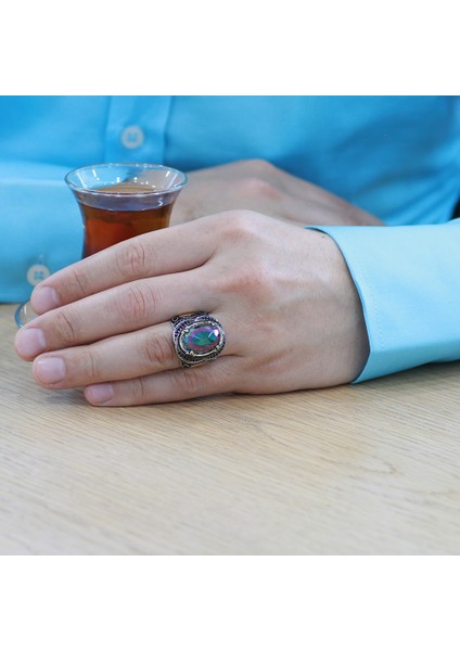 Faset Mistik Topaz Taşlı Oval Tasarım Kişiye Özel Isim Harf Yazılı 925 Ayar Gümüş Erkek Yüzük fırsatları