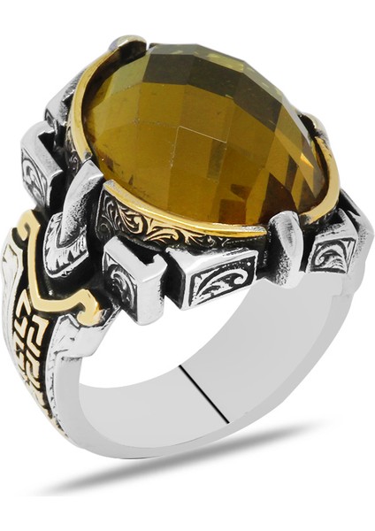 Faset Zultanit Taşlı Kalem Işçilik Tasarım 925 Ayar Gümüş Erkek Yüzük