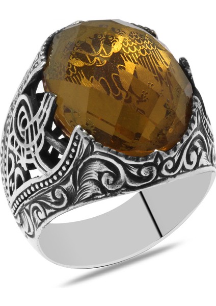 Faset Zultanit Taşlı Selçuklu Kartalı Işlemeli 925 Ayar Gümüş Erkek Yüzük