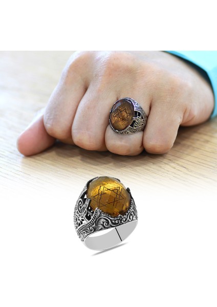 Faset Zultanit Taşlı Mühr-I Süleyman Işlemeli 925 Ayar Gümüş Erkek Yüzük fiyatları