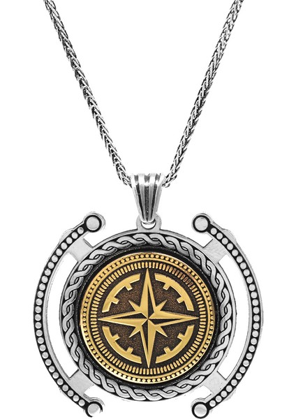 Pusula Temalı Kalın Zincirli 925 Ayar Gümüş Madalyon