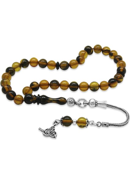 925 Ayar Gümüş Püsküllü Küre Kesim Bilek Boy Sarı-Siyah Ateş Kehribar Tesbih