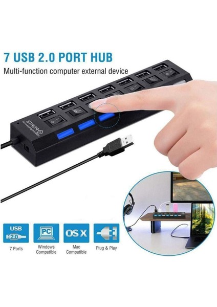 7 Port USB Çoklayıcı Hub Anahtarlı Aç/kapa Düğmeli Işıklı Taşınabilir USB Güç Adaptörü Yüksek Kalite 2.0 Hub