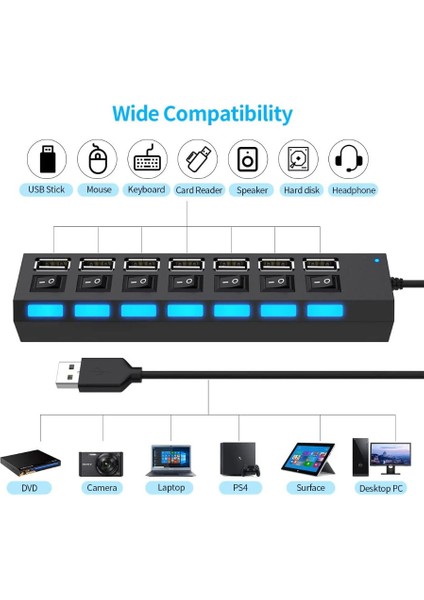 7 Port USB Çoklayıcı Hub Anahtarlı Aç/kapa Düğmeli Işıklı Taşınabilir USB Güç Adaptörü Yüksek Kalite 2.0 Hub