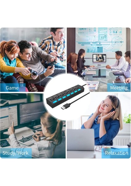 7 Port USB Çoklayıcı Hub Anahtarlı Aç/kapa Düğmeli Işıklı Taşınabilir USB Güç Adaptörü Yüksek Kalite 2.0 Hub